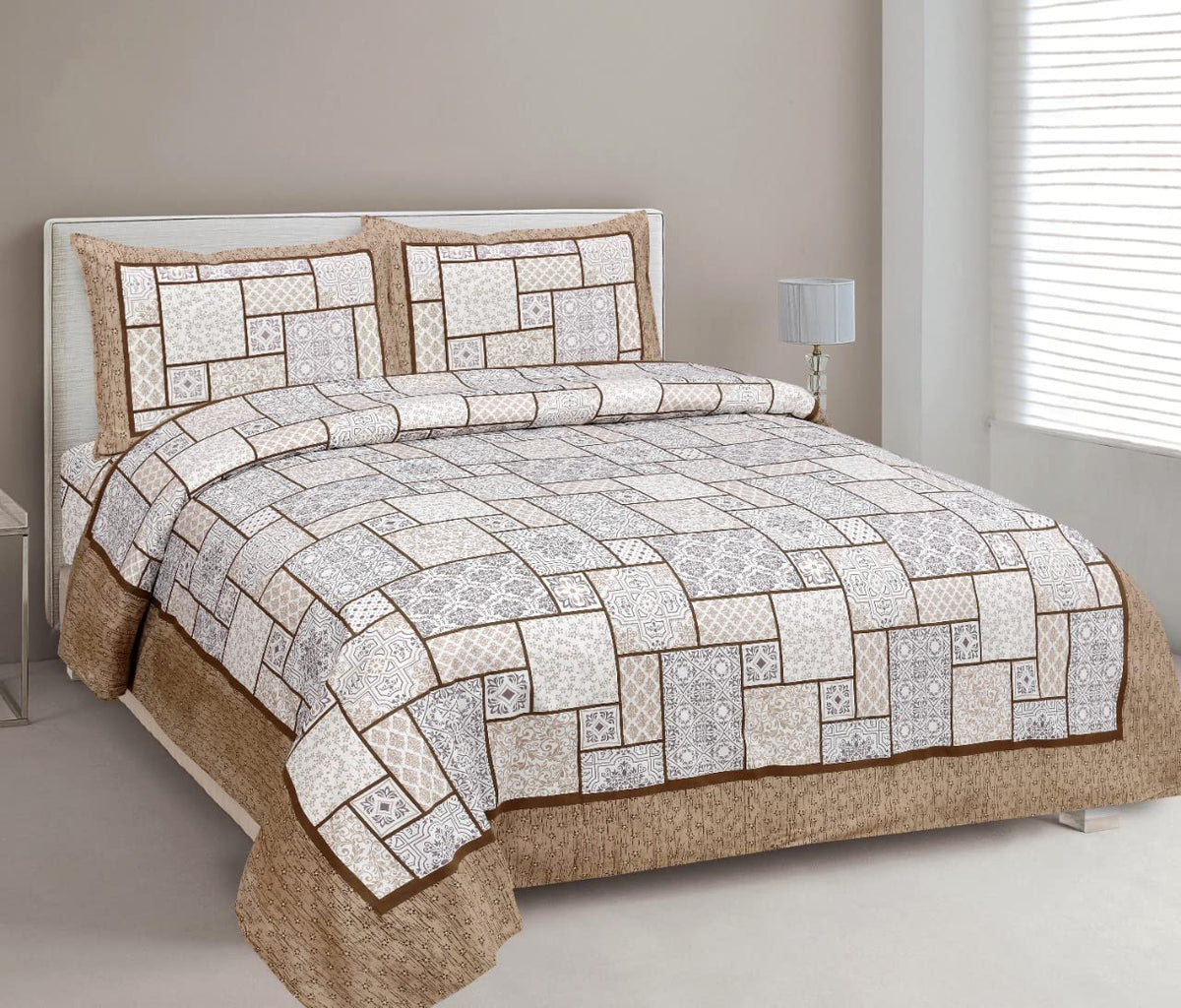 Printed Cotton King Size Bedsheet With 2 Pillow Cover - 90 X 108 Inches, Beige & Grey | Long Lasting Softness | Ideal For Regular Home Use | 144 Thread Count