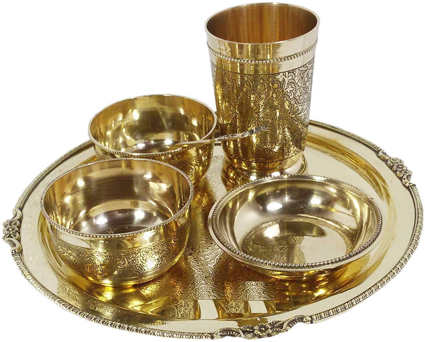 Golden Brass Thali Set Luxury Spoon Restaurant Ware - For Home & Hotel 6 Pieces Set | 1 Thali+ 2 Bowl+ 1 Sweet Plate+ 1 Glass+ 1 Spoon