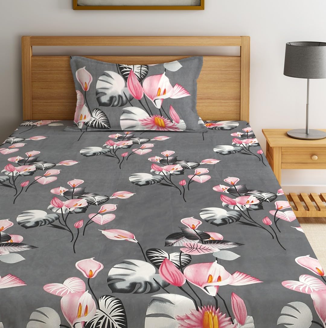 144 TC Microfiber Single Bedsheet With 1 Pillow Cover - 55 X 86 Inches, Grey & Pink | Soft To Touch & Comfortable | Natural Resistance To Shrinkage & Wrinkles
