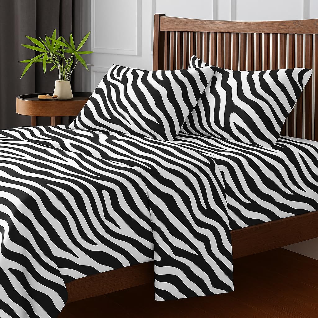 Print King Size Flat Sheet With 2 Pillow Covers - 108 X 108 Inches, White & Black | Soft, Breathable & Skin-Friendly Bedding For Daily Use | Machine Washable & Long-Lasting