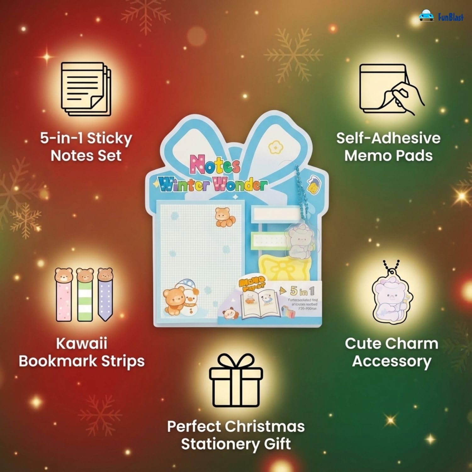 Christmas Sticky Notes - 30 Small Sticky, 30 Medium Sticky | Stationery Gift For Student - Blue