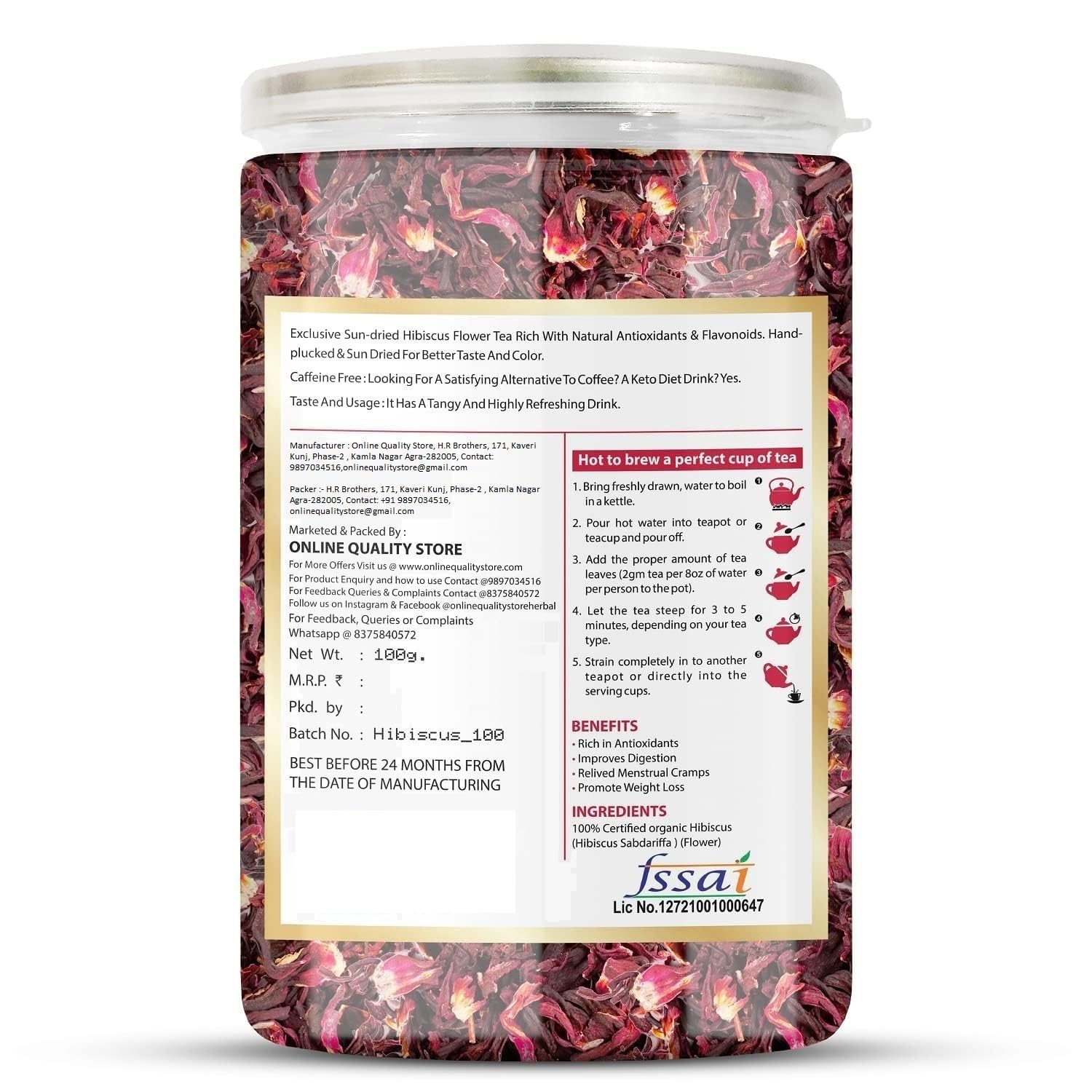 Online Quality Store Hibiscus Flower Tea - 100gm, 3.5 Ounce | Organic Herbal Tea - Premium Quality Hibiscus Tea | Caffeine Free - Use For Iced Tea