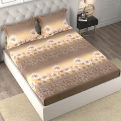 Cotton Elastic Fitted Double Bedsheet For King Size With 2 Pillow Covers - 78 X 72 + 8 Inches, Brown & Cream | Soft Wrinkle Free & Breathable Elastic Bedsheets For King Size Bed