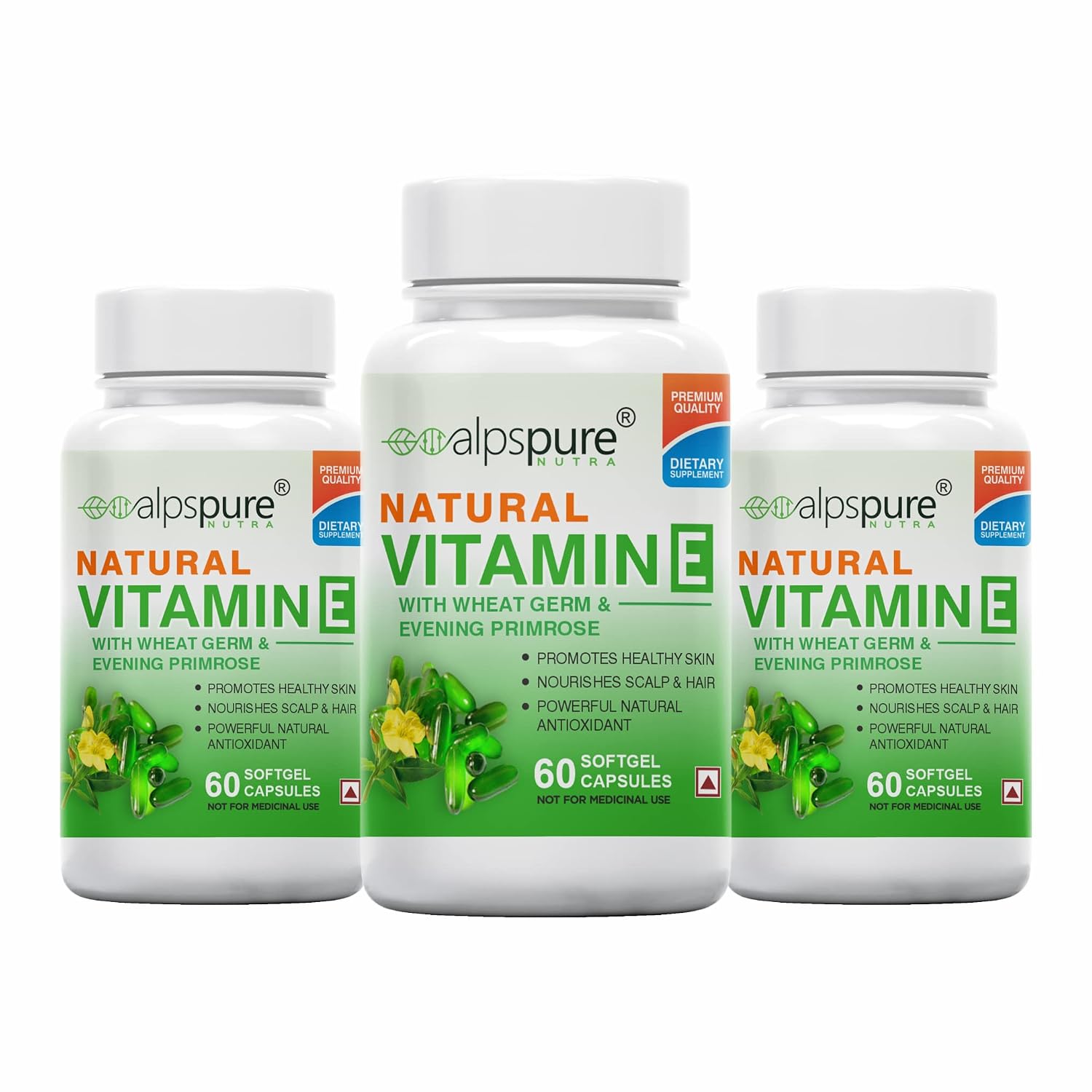 Alpspure Nutra Natural Vitamin E Softgel Capsules Natural Source For Skin, Hairs & Body Care, Immunity Booster, Controls Wrinkling & Skin Roughness | 60 Softgels , 100gm 0.2lbs