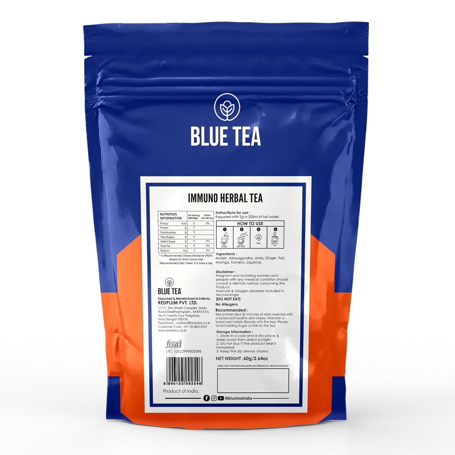 Blue Tea Caffeine Free Immuno Herbal Tea - 30 Pyramid Tea Bags In Zip Lock Pack | Immunity Booster - Gluten Free, Non-GMO, Zero Sugar, 100% Vegan