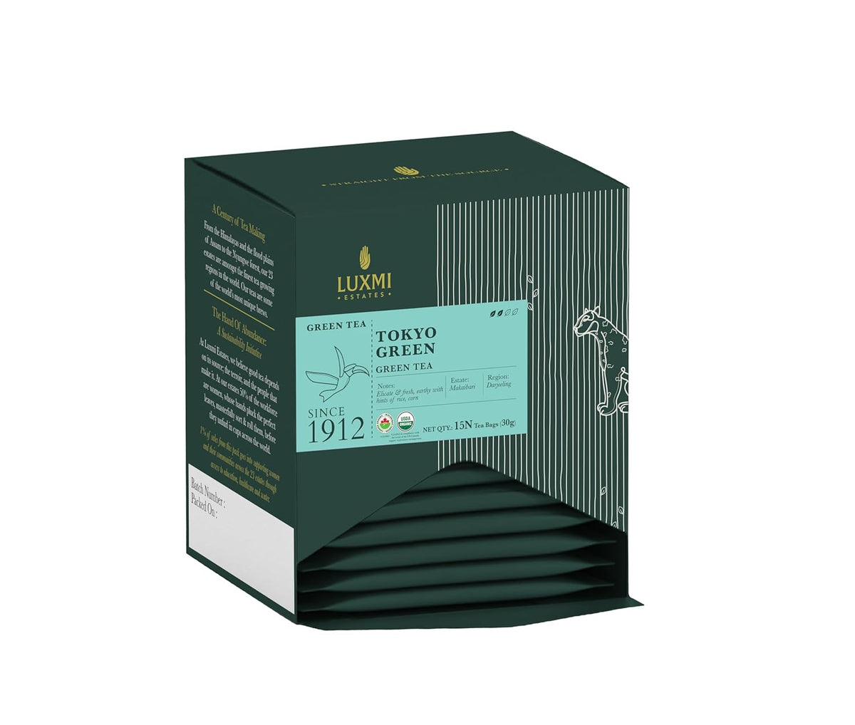 Luxmi Estates Tokyo Green Tea - 30gm, 1.05 Ounce, 15 Tea Bags | USDA Organic Certified Green Tea - Low Caffeine Green Tea | Additives Free Loose Leaves, Rich In Antioxidants