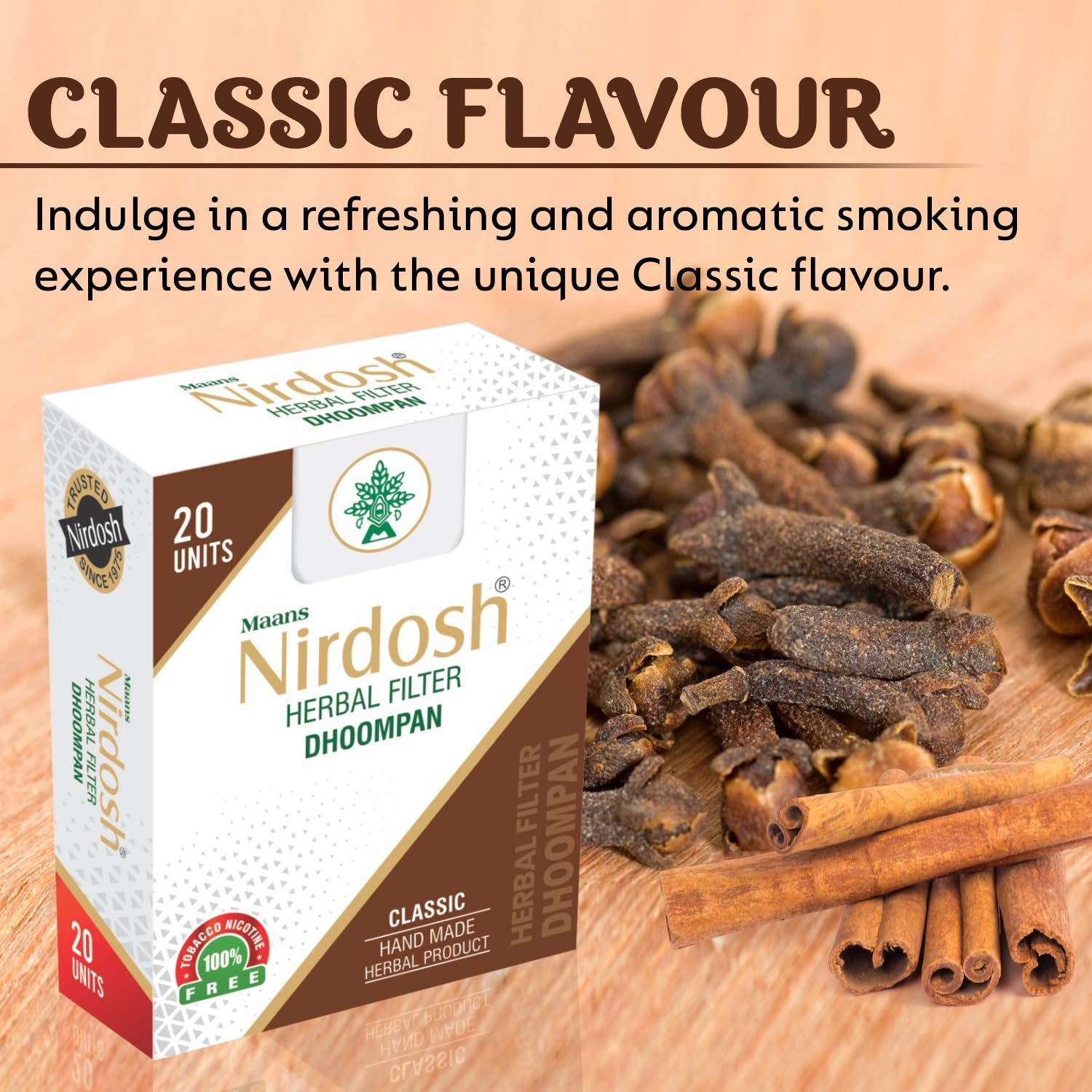 Classic Flavored Herbal Filter Dhoompan Sticks - Pack Of 2X 20 Pcs Herbal Cigarette | Bidi Sticks Rolled In Tendu Leaves, Non-Addictive Sticks - Tobacco Free & Nicotine Free