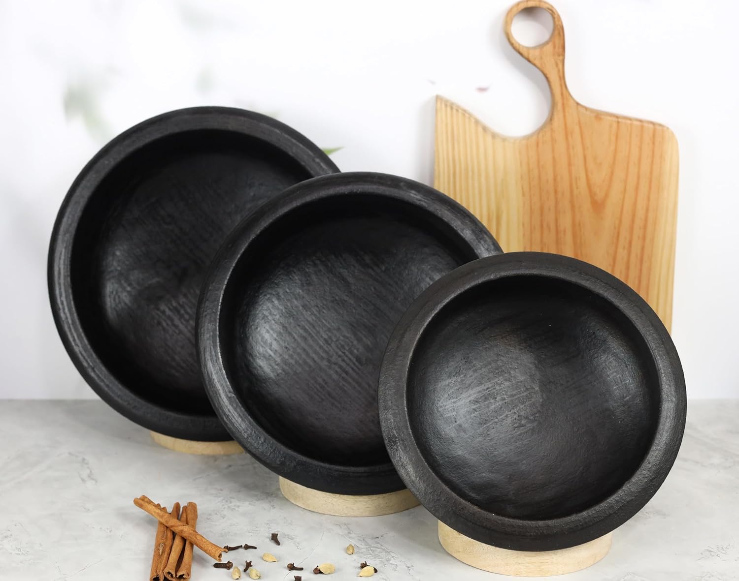 Deep Burned Uncoated Clay Pot Or Mitti Handi With Lid Combo + 2 Wooden Spatulas Complimentary Pack Of 3 - Black, 1+2+3 Liters | Pre-Seasoned Mud Pot - Unglazed, Double Fired, Hand Crafted