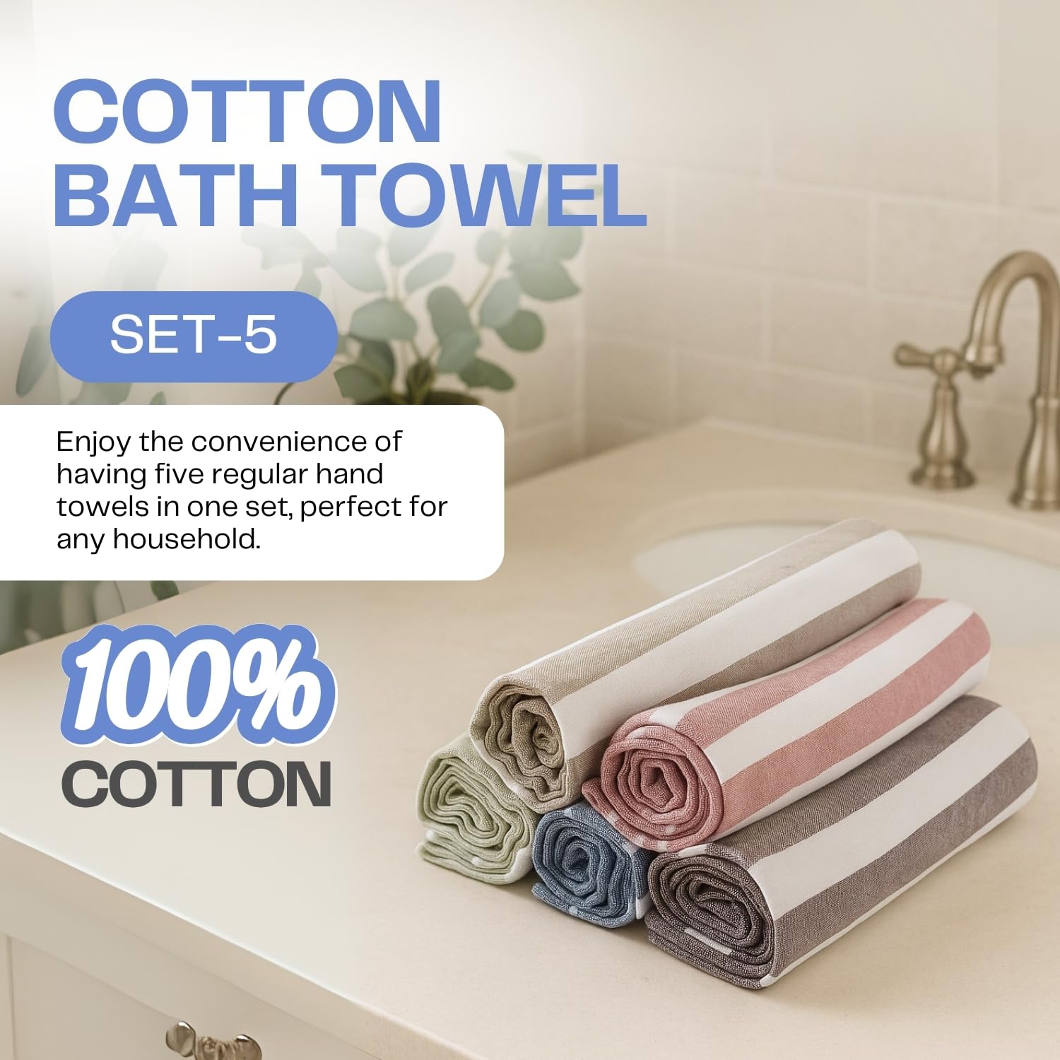 VäRde Premium Handloom Bath Towels 180 Gsm | Towel For Men & Women | Striped & Solid Pattern (Pink, Brown, Green, Blue & Grey Set Of 5)