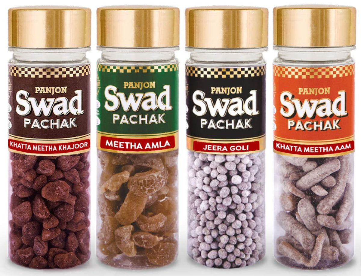 Panjon Swad Pachak Meetha Amla, Special Jeera Goli, Khatta Meetha Khajoor & Khatta Meetha Aam 560gm, (140gm *4 Bottles) Combo Pack