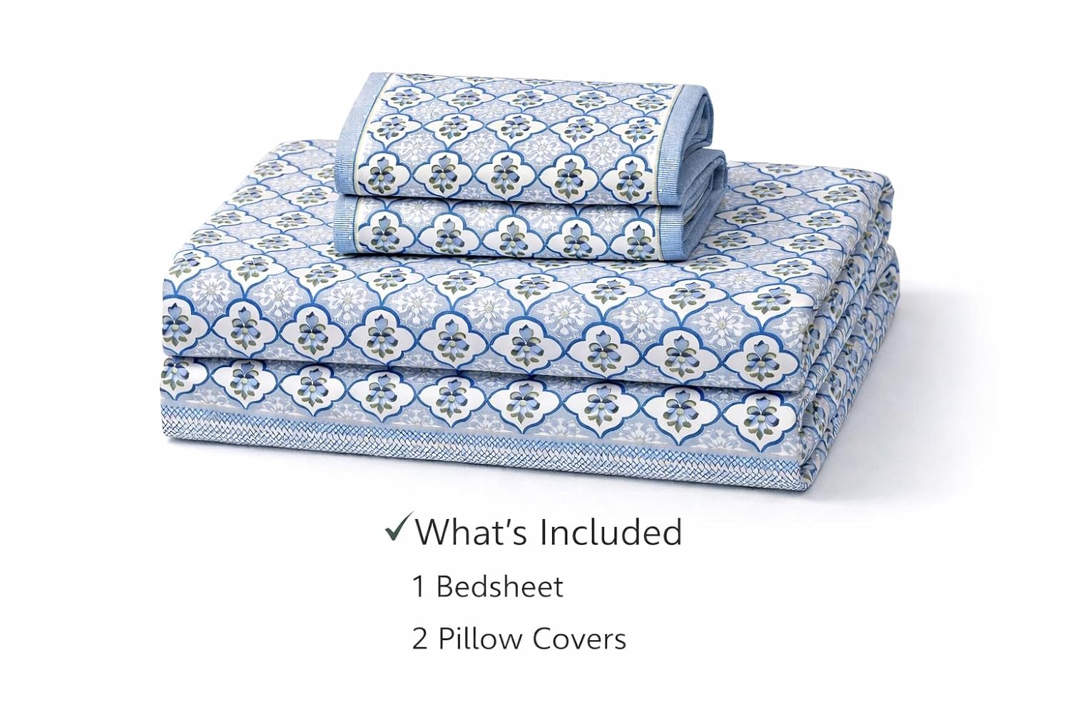 Hand Printed Double Bedsheet For King Size With 2 Pillow Covers | 90 X 108 Inches, Blue & White | Ultra-Soft & Skin-Safe | Breathable Summer Comfort