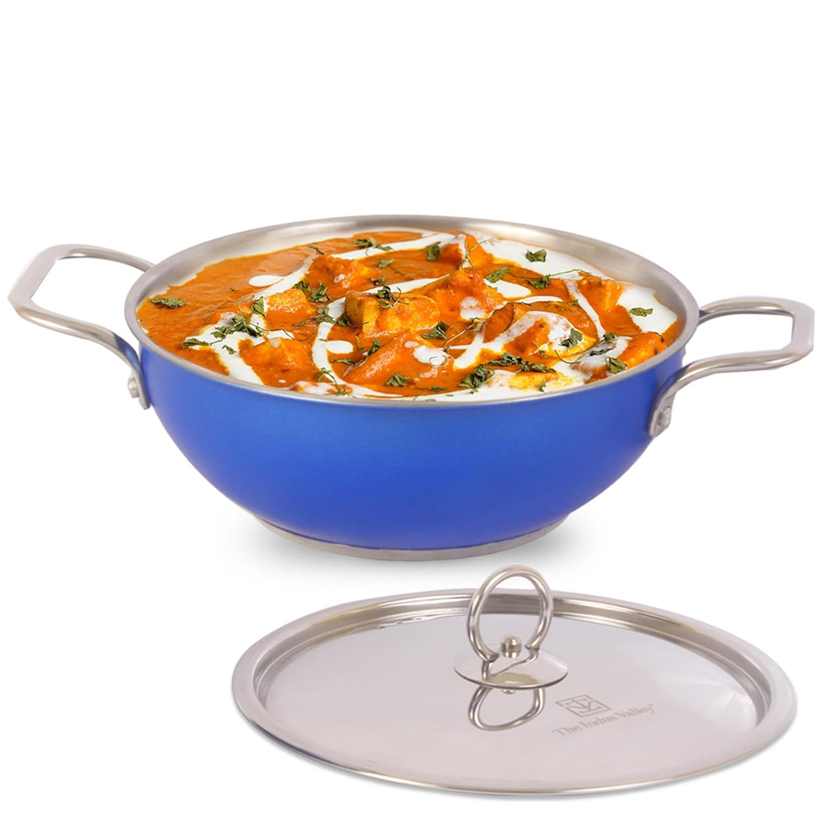 Coloured Stainless Steel Kadai With Steel Lid - Blue, Large, 28.8cm, 11.3 Inch, 4.5 Liters, 1.2 Kg | Induction Friendly, Nonstick 3-Layer Bottom, 100% Toxin-Free, No Chemical Coating