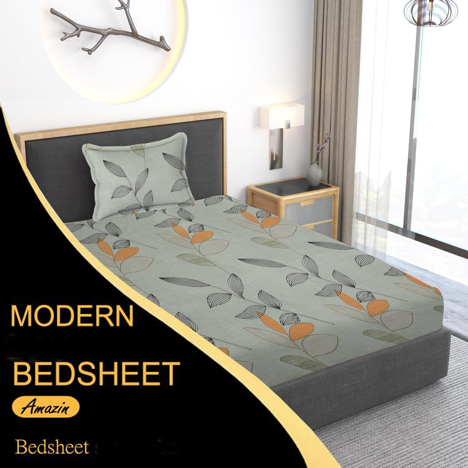 280 TC Print Cotton 1 Single Bedsheet With 1 Pillow Cover - 60 X 90 Inches, Green & Mustard | Soft & Breathable Fabric, Skin-Friendly Bed Sheet For All Seasons