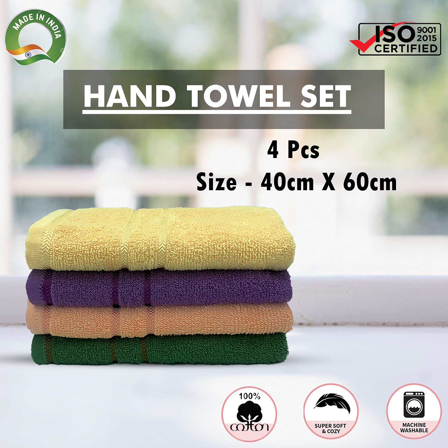 Sassoon Melrose 100% Cotton Hand Towel 800 Gsm | Highly Absorbent, Soft Material Perfect For Daily Use (Assorted) -4 Piece