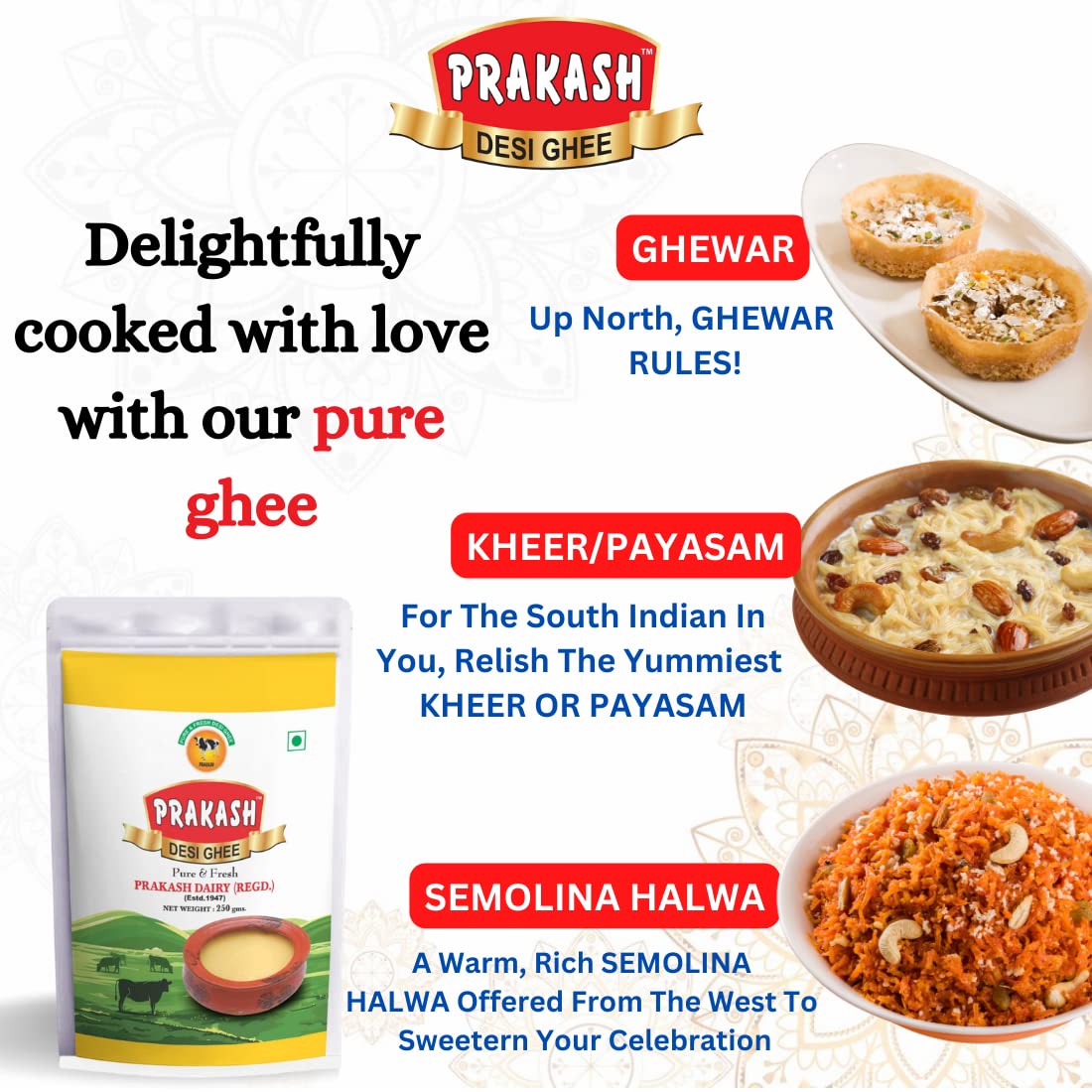 100% Pure & Fresh Desi Ghee By Prakash Dairy | Traditionally Hand Churned Vedic Bilona Method Desi Ghee For Brain Function | (250ml) 8.4 Ounce | Pouch Pack