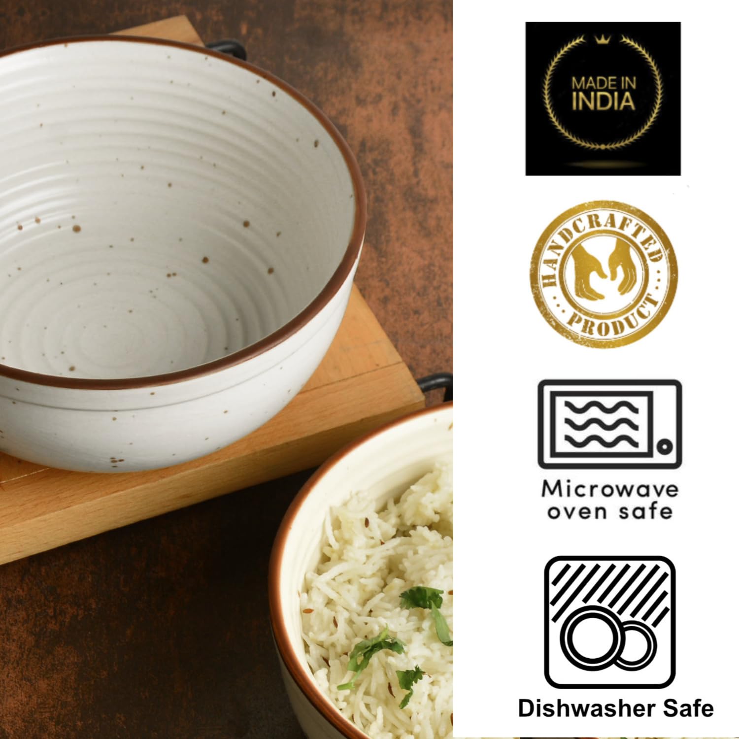 Studio Pottery Off White Matt Finish Ceramic Dinner Serving Bowls Set Of 2 | Diameter - 6.6 Inches, 850ml Each | Rice & Salad Bowls, Snack Bowls - Vegetable & Pasta Serving Bowls