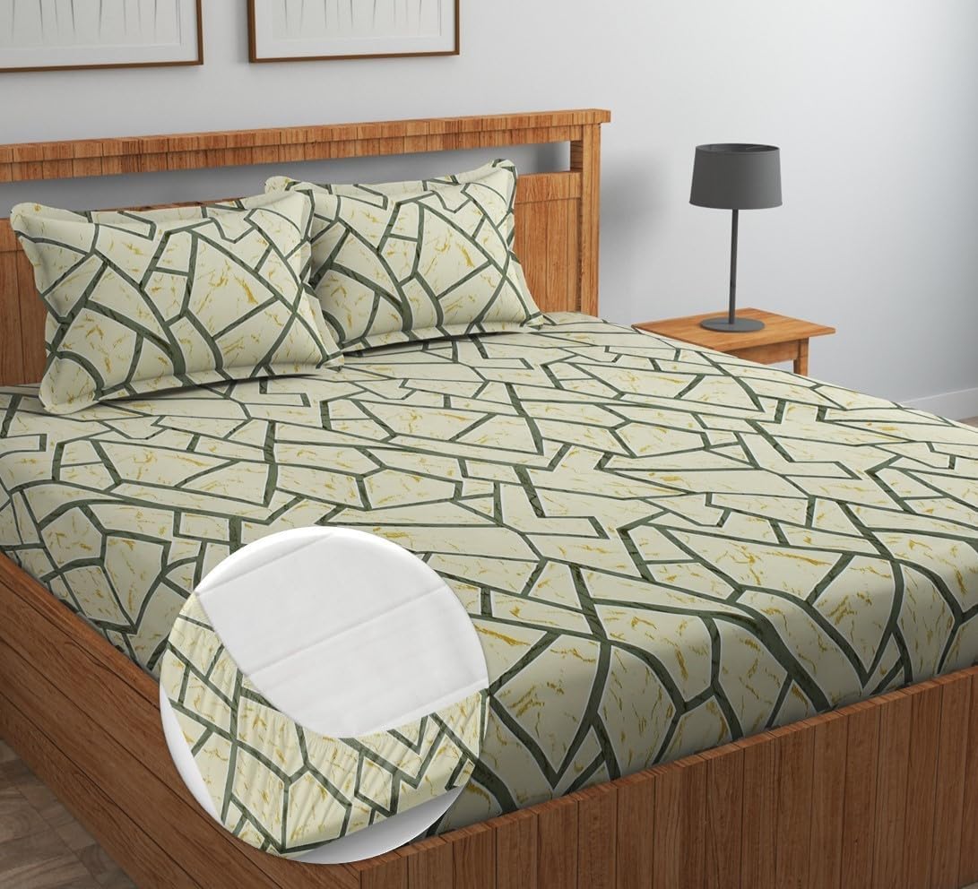 Double Bedsheet With 2 Pillow Covers Size 72 X 72 X 10 Inches, Cream | Cotton Feel All Around Elastic Fitted - Queen Size Bedsheets, Super Soft