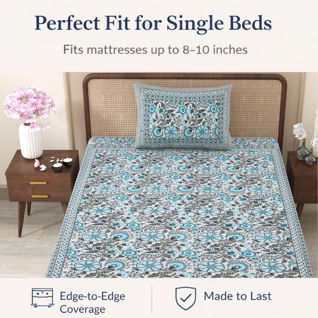 Soft Cotton Single Size Bedsheet With 1 Pillow Cover - 60 X 90 Inches, Sky Blue & Grey | Durable For Everyday Use - All Season Comfort