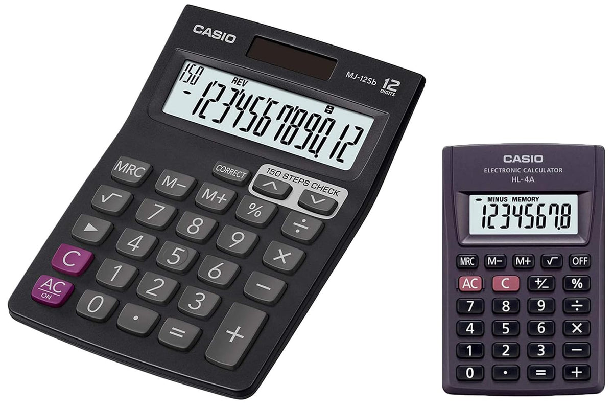 Casio MJ-12SB Desktop Calculator & Casio HL-4A Portable Calculator, Extra Small Size