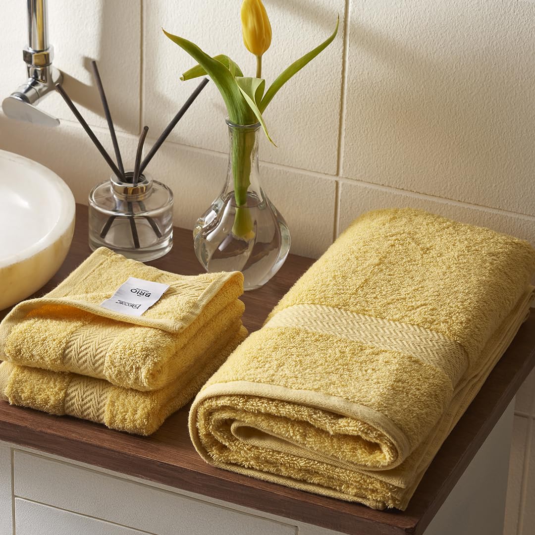 Ddecor Live Beautiful 1 Bath & 2 Hand Towel 900 Gsm (Yellow) - Pack Of 3