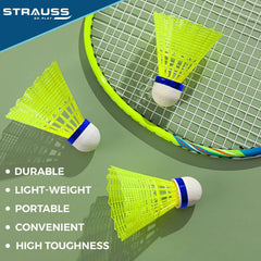 Strauss Smash Hit-22 Nylon Shuttlecock Stable Flight , Fast Recovery , Medium Speed | Yellow , Pack Of 6