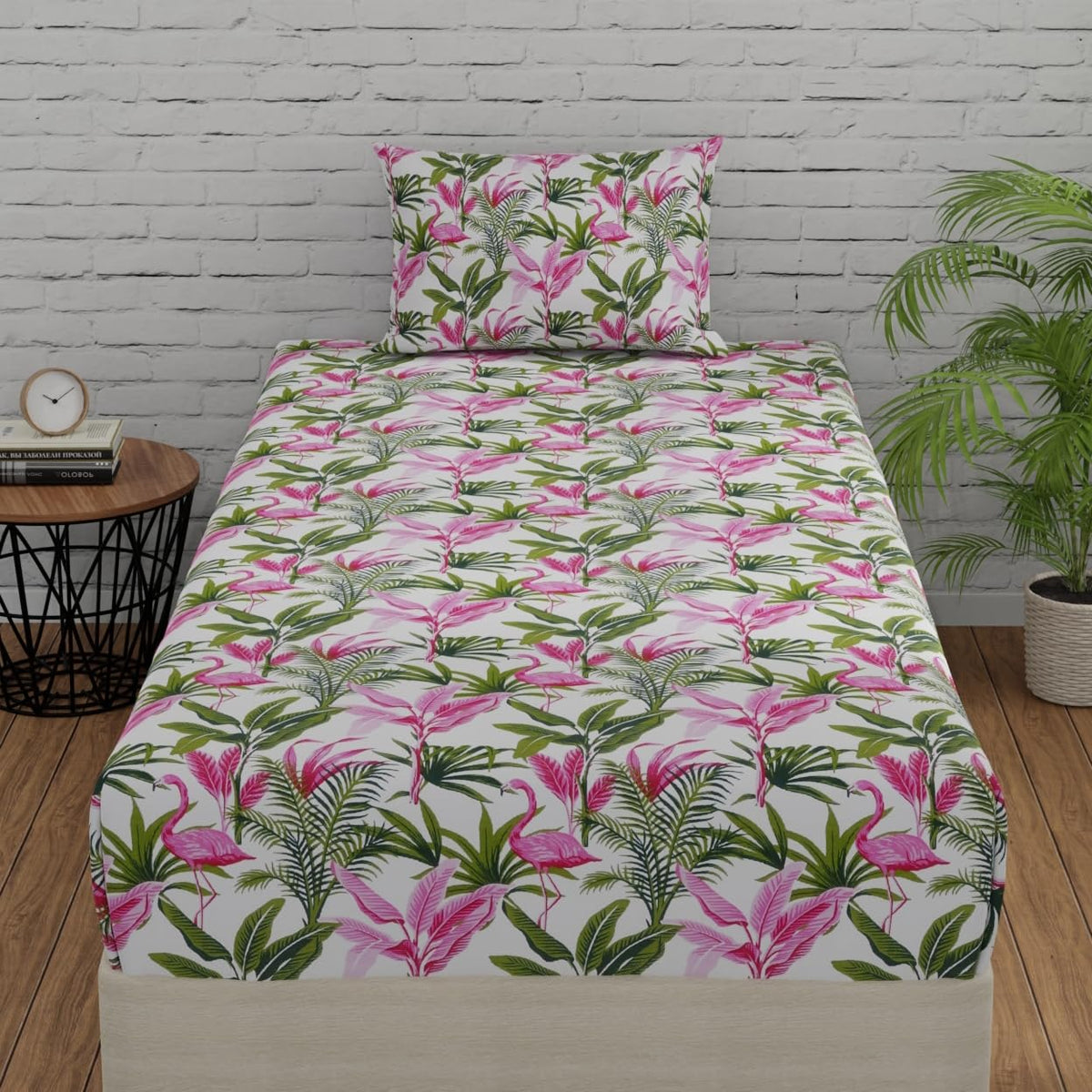 Single Bedsheets With 1 Pillow Cover - 55 X 88 Inches, Flamingo Pink & Green | Soft & Breathable Fabric | Comfortable For Daily Use