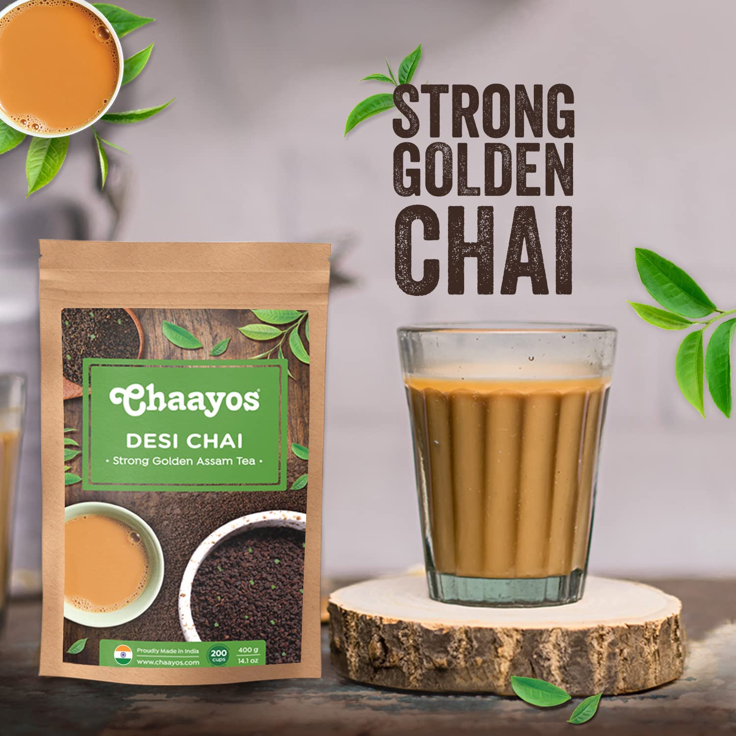 Chaayos Strong Golden Assam Tea - 400gm, 14.1 Ounce, 200 Cups | Premium Chai Patti Desi Chai - Assam Black CTC Tea | Caffeine Free