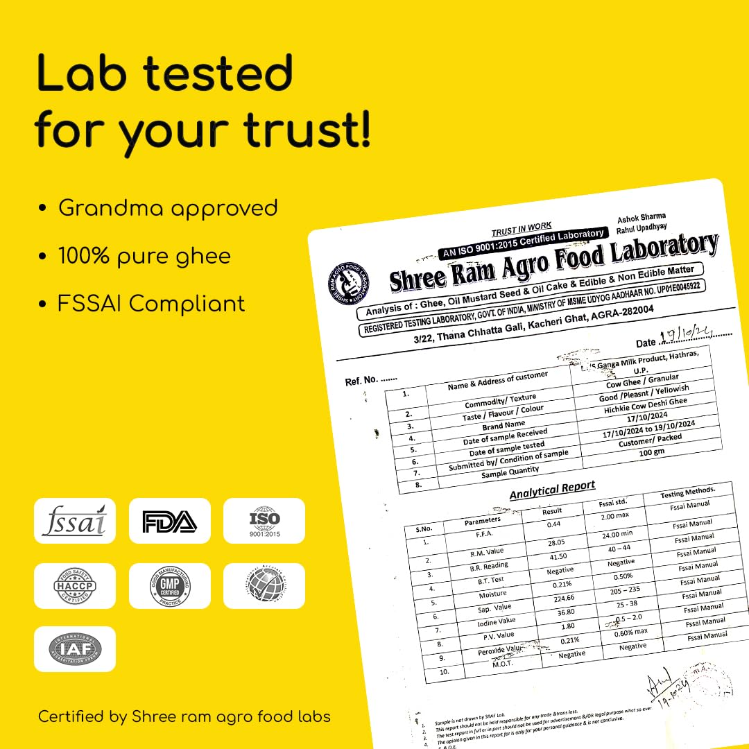 Pure Natural A2 Cow Desi Ghee By Hichkie | Rich In Vitamin A & Healthy Nutrients Desi Ghee Perfect For Overall Health | (500ml) 16.9 Ounce | Jar Pack