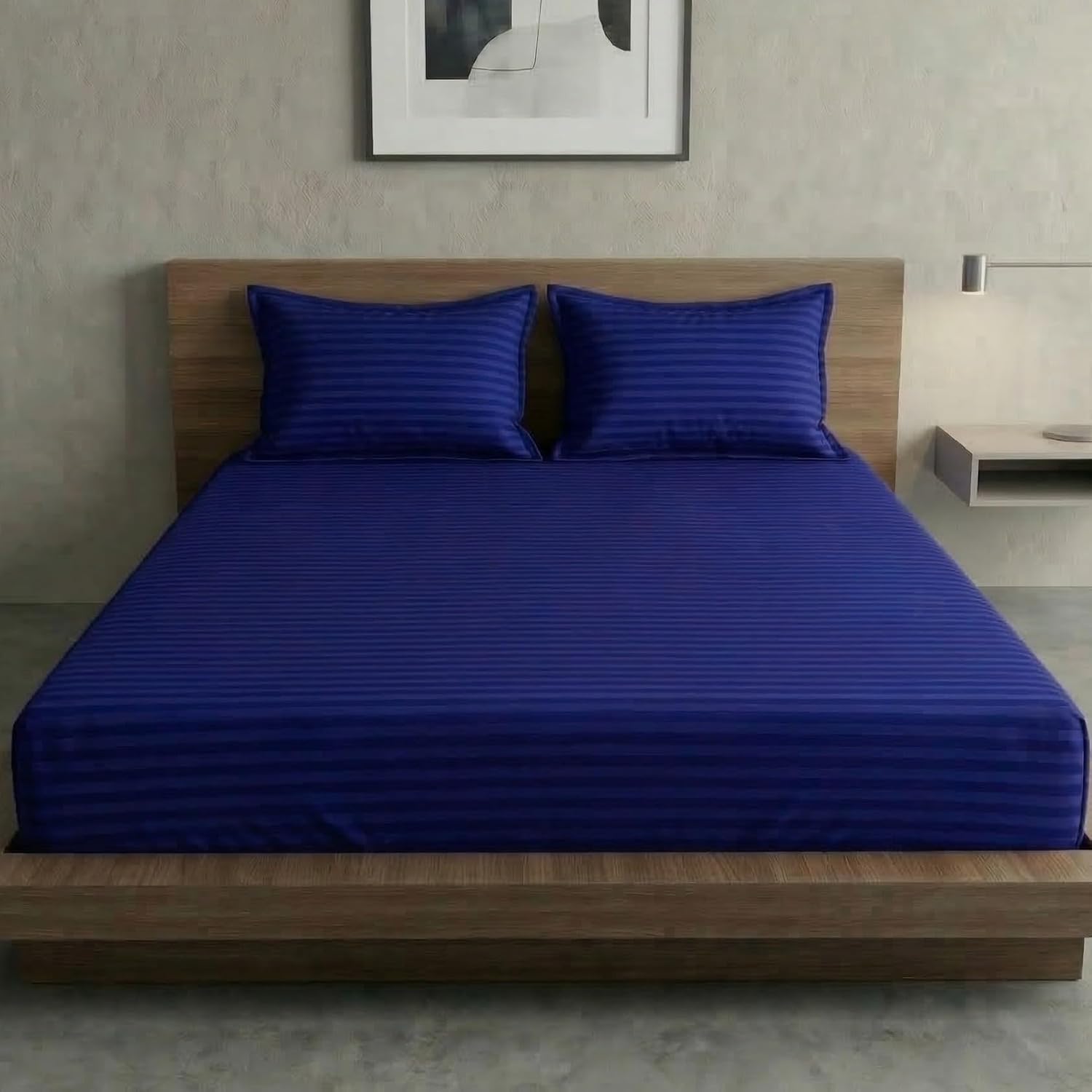 Blue Stripe Elastic Fitted Double Bedsheet (72x78 Inches) With 2 Pillow Covers | Soft To Touch & Comfortable | 300 Thread Count