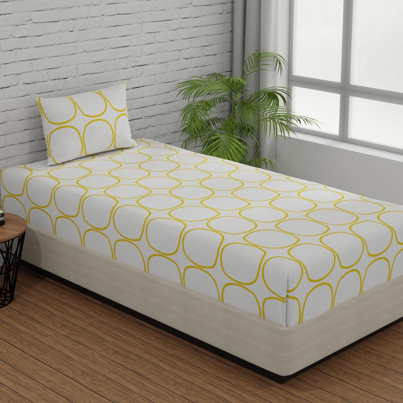 Single Bed Sheet Size - 55 X 88 Inches With 1 Pillow Covers, White (Yellow Circles) | Wash Dark Colors Separately | Lightweight, Soft, & Comfortable Bedsheet