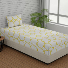 1 Fitted Single Bedsheet Cotton With 1 Pillow Cover - 36 X 78 Inches, White (Yellow Circles) | Elegant Printed Bedding Set For Daily Use | 144 Thread Count