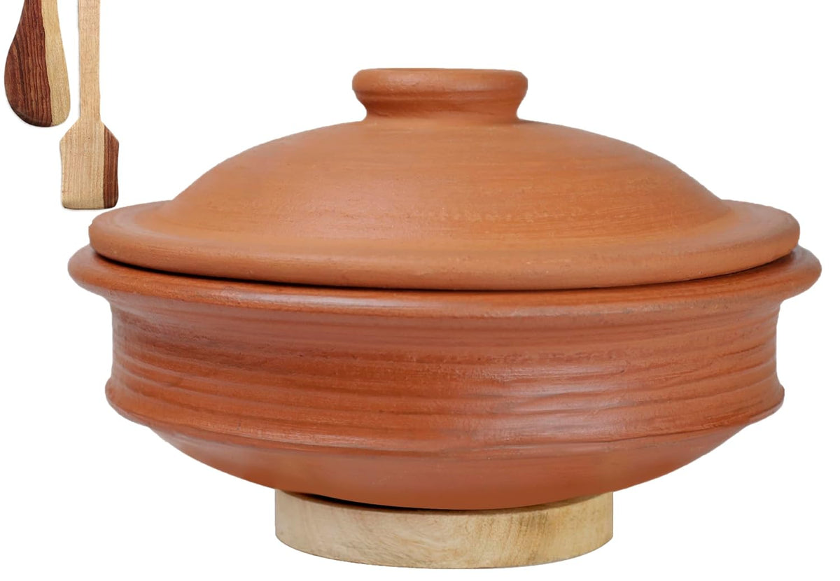 Deep Burned Uncoated Clay Pot With Lid Or Mitti Handi With 2 Spatulas Complimentary For Cooking & Serving - Red, 3 Liters | Pre-Seasoned Mud Pot - Unglazed, Double Fired, Hand Crafted