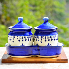 Hand Painted Ceramic Pickle Jar Set With Tray Set Of 2 - Blue & White, 250ml Each | Condiment Set, Masala Container - Pickle & Chutney Jar Set For Dining Table