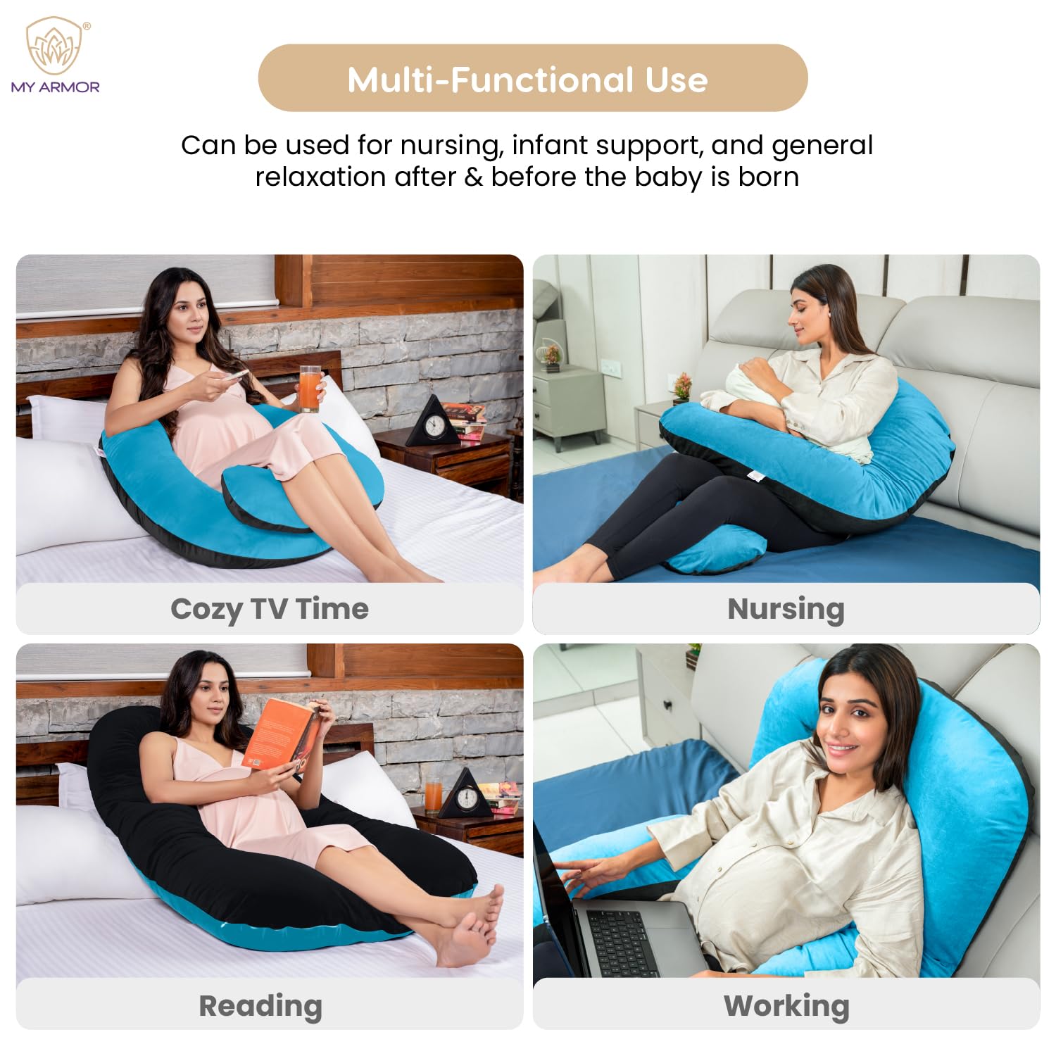 Full Body U Shape Pregnancy Pillow For Women, Maternity Pillow, Black & Sky Blue | Pillow Gift For Pregnancy Sleeping, Premium Velvet Cover With Zip | Adjustable & Washable, Relieves Pain