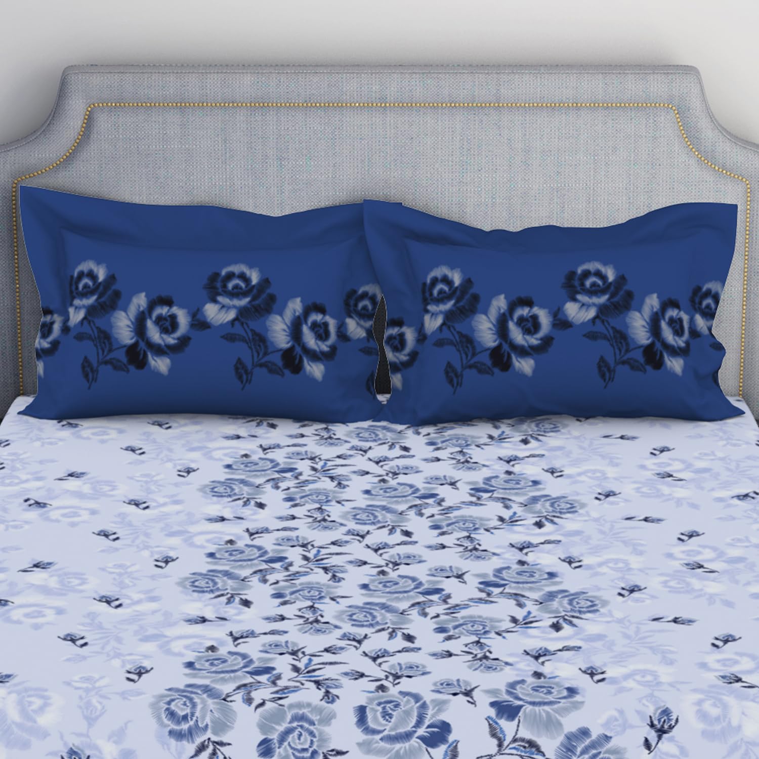 100% Cotton Bedsheet For Double Bed With 2 Pillow Cover - 88 X 100 Inches, Dark Blue | Breathable & Super Soft | All Seasons & Easy To Wash