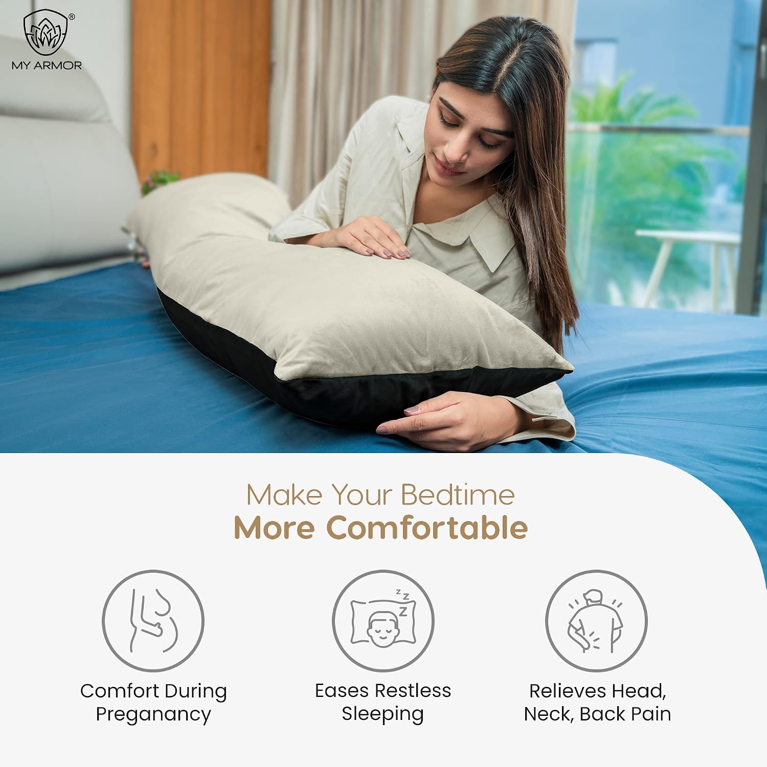 Microfiber Body Side Pillow For Sleeping For Pregnancy, Black & Cream - 53 X16 Inches | Long Cuddle Pillow For Hugging, Relaxing, Washable, Premium Velvet Outer Cover With Zip, Adjustable