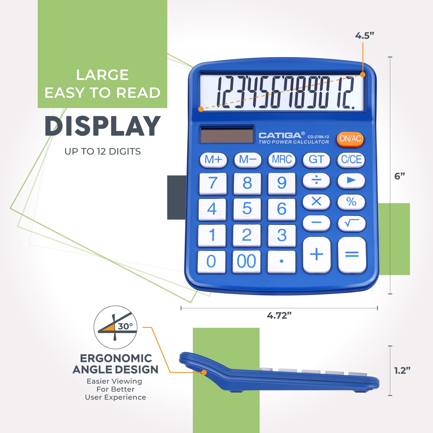 Desktop Calculator 12 Digit With Large LCD Display And Sensitive Button, Solar And Battery Dual Power, Standard Function For Office, Home, School, CD-2786 (Blue)
