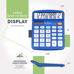 Desktop Calculator 12 Digit With Large LCD Display And Sensitive Button, Solar And Battery Dual Power, Standard Function For Office, Home, School, CD-2786 (Blue)