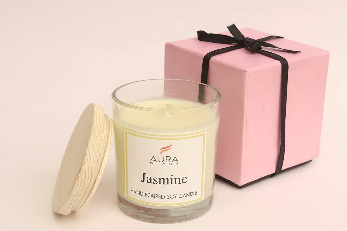 TRANSPARENT JASMINE FRAGRANCE SOY WAX GLASS CANDLE 150GM WITH WOODEN LID & COMES