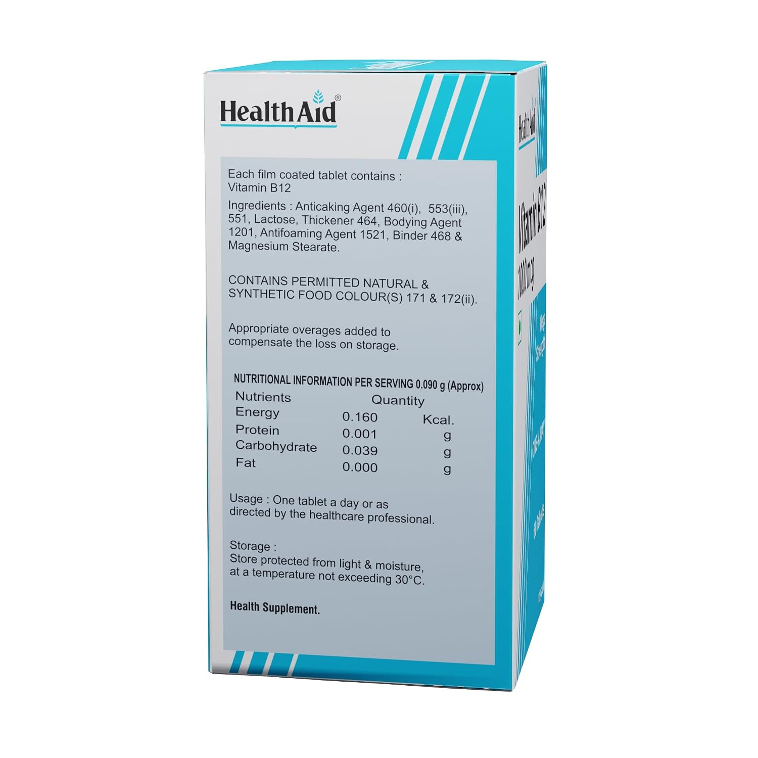 ?Health Aid Vitamin B12 Mega Strength One - A - Day | 60 Vegetarian Tablets , 100gm 0.2lbs
