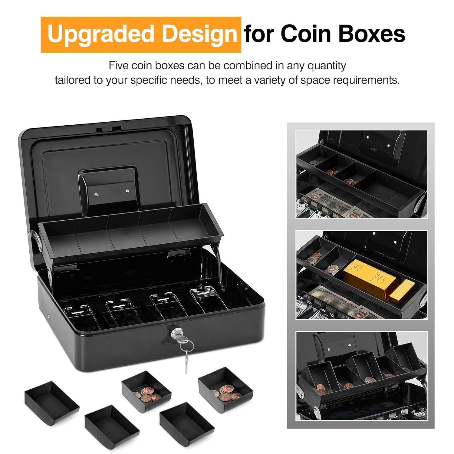 Locking Cash Box With Carry Bag, Metal Money Box With Money Tray, Durable Lock Safe Box With Key, 4 Bill 5 Coin Slots, Cantilever Design, Large Cash Boxes, Money Saving Organizer, Colour - Black
