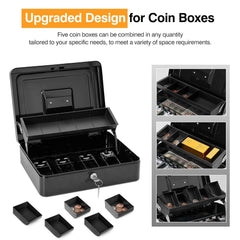 Locking Cash Box With Carry Bag, Metal Money Box With Money Tray, Durable Lock Safe Box With Key, 4 Bill 5 Coin Slots, Cantilever Design, Large Cash Boxes, Money Saving Organizer, Colour - Black