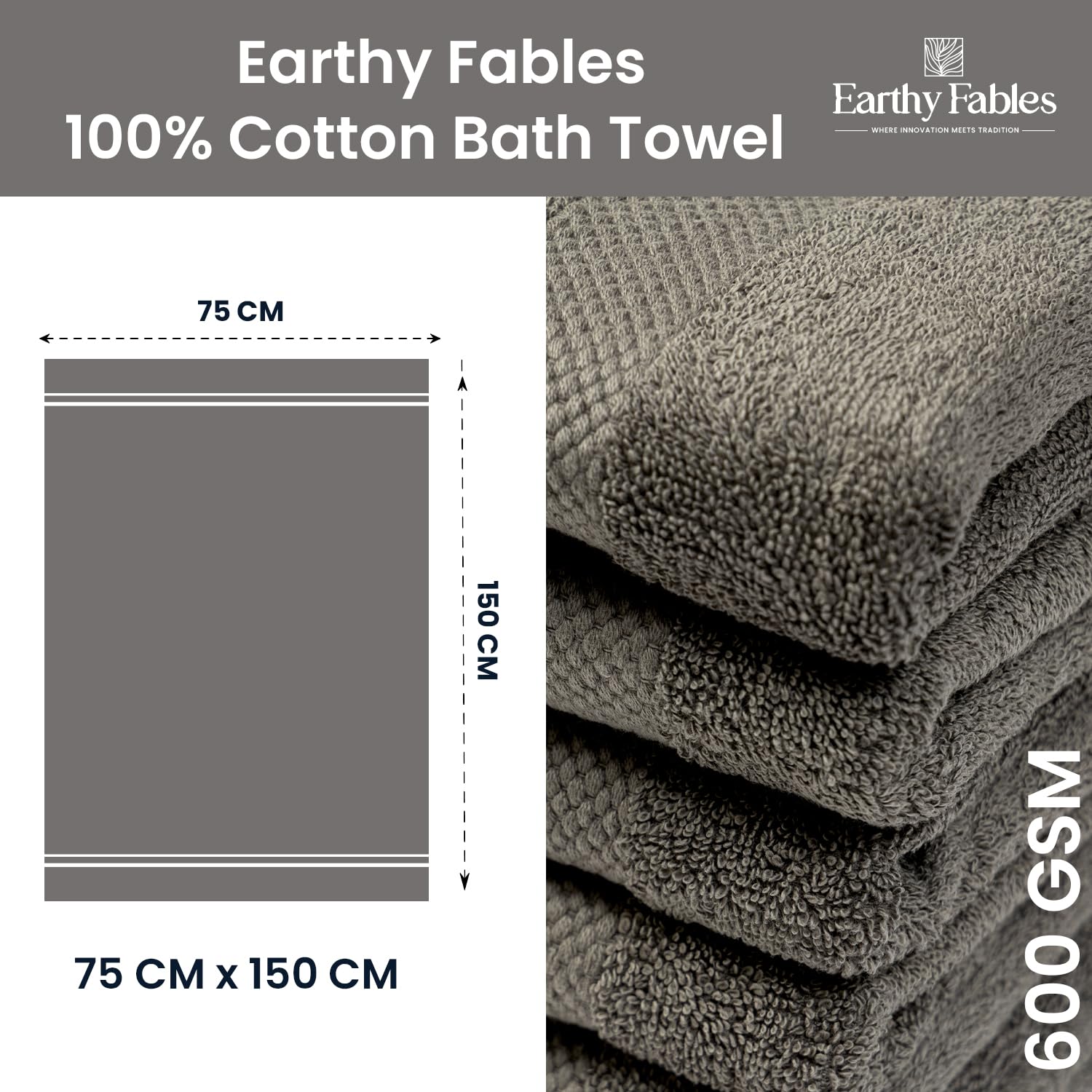 Earthy Fables Premium Bath Towel 600 Gsm | 100% Combed Cotton Ultra Soft, Quick Dry & Highly Absorbent For Home, Travel & Acne-Prone Skin (Grey)