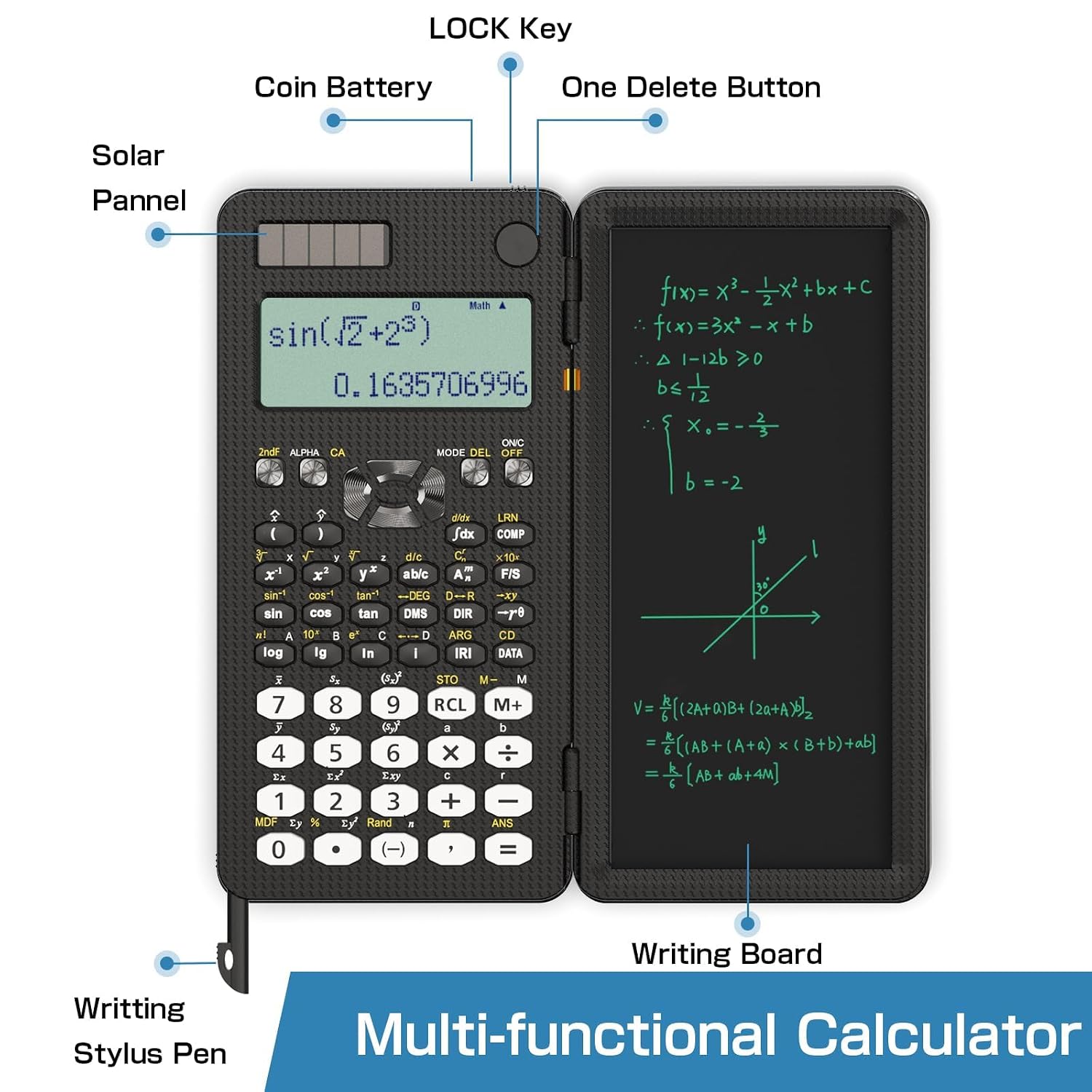 Scientific Calculator For School With Notepad, Roatee Middle & High School Supplies For Students, 82 MS Foldable 2-line Display Science Calculator With Writing Tablet, Solar And Battery Powered
