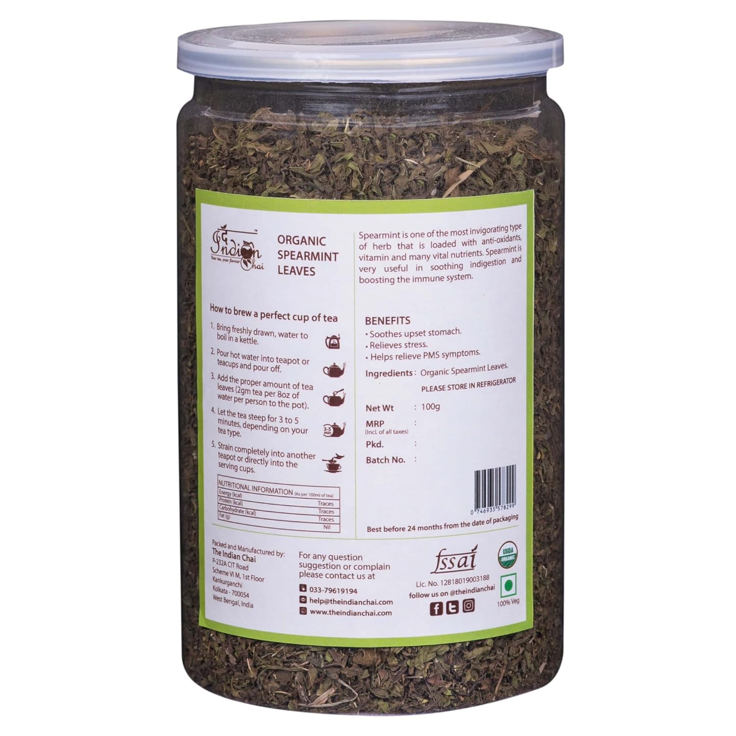 The Indian Chai Organic Spearmint Tea Leaves - 100gm, 3.5 Ounce | Helps With Hormonal Imbalance, Facial Hair & Acne - Caffeine Free