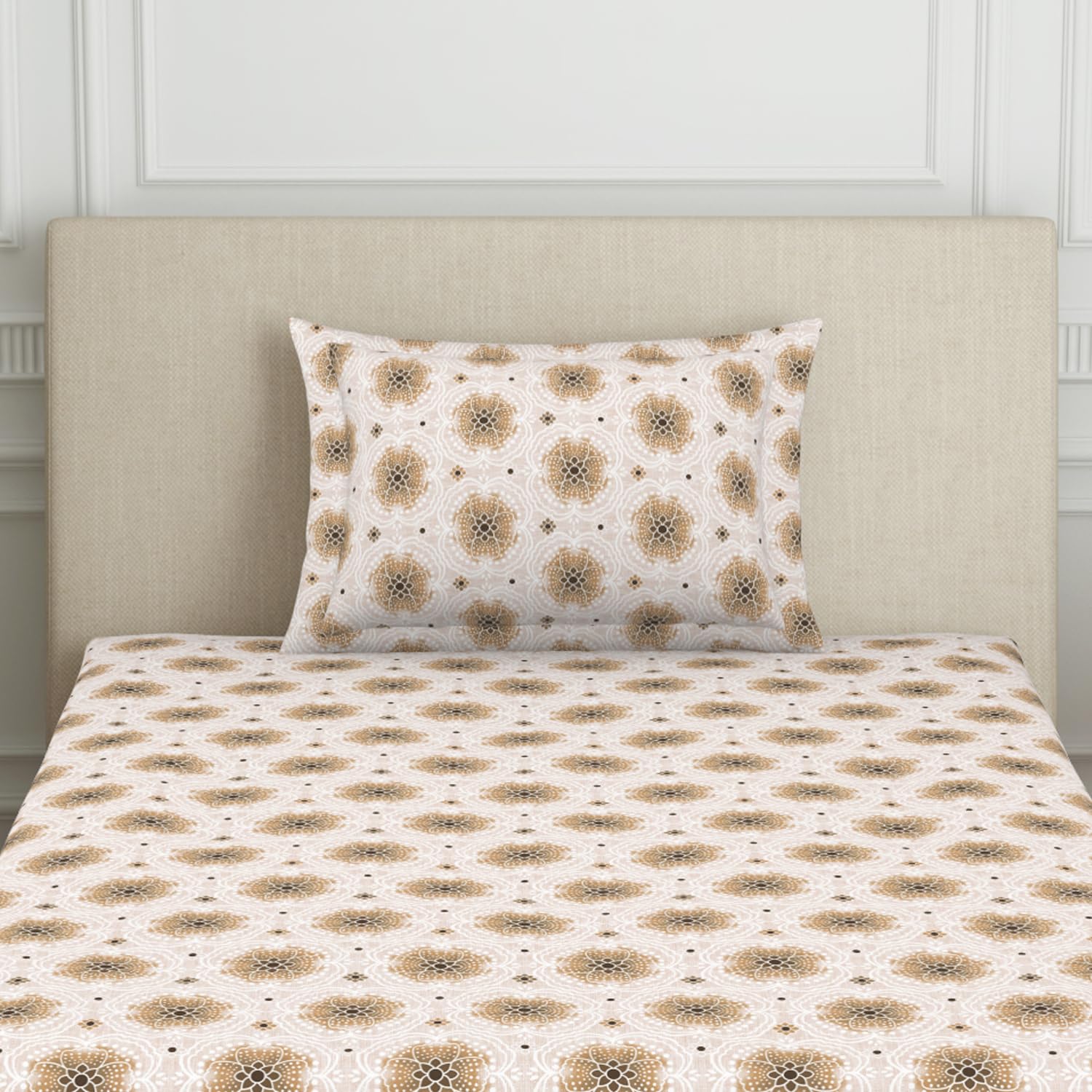 Polycotton Bedsheet For Single Bed With 1 Pillow Cover - 60 X 88 Inches, Brown | Skin Safe & Super Soft Small Size Bedsheet - 120 Thread Count