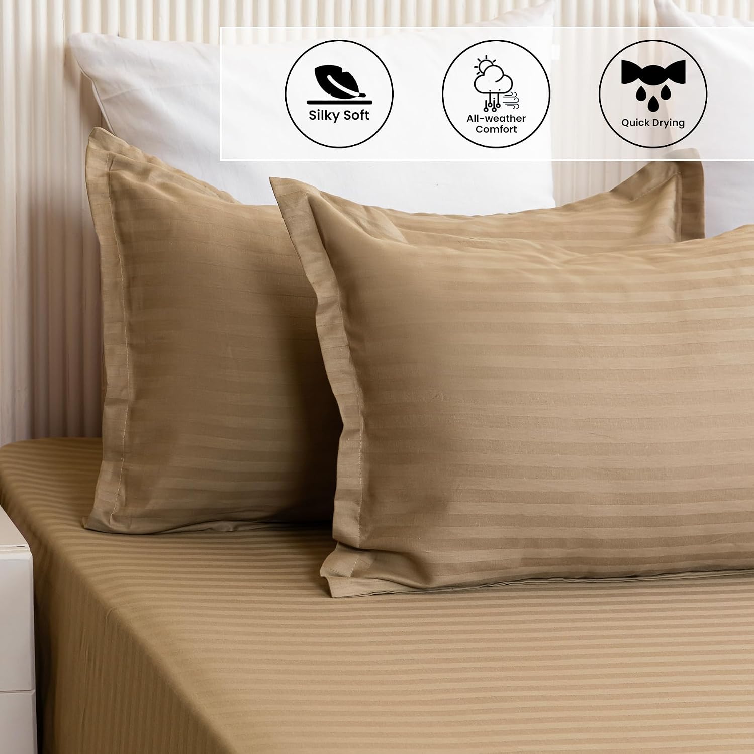 Luxurious Satin Stripe Soft Flat Bedsheets 2 Pillow Covers, Double Size - 84 X 90 Inches, Taupe | Good For Home, Hotel, Villa, Resort & Guest House