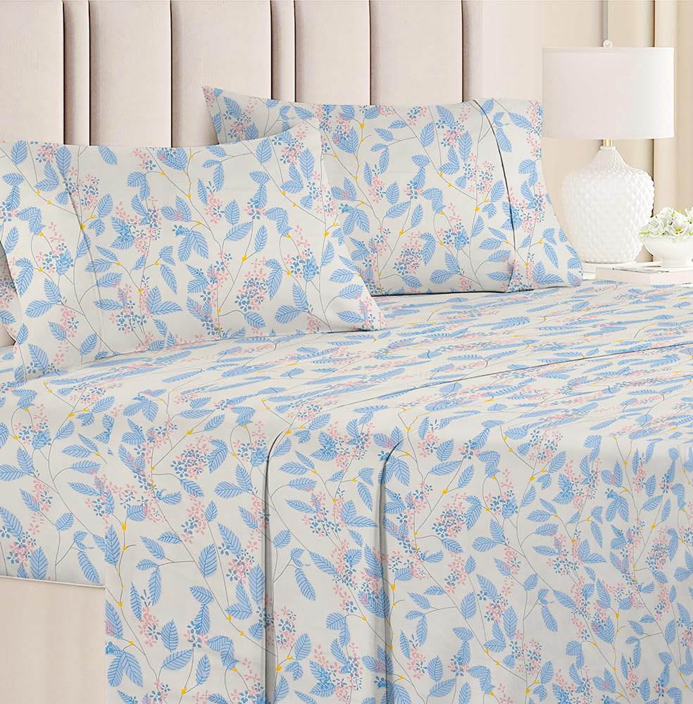 Double Bedsheet 1 Comforter 2 Pillow Covers - 90 X 100 Inches, Beige & Light Blue, 4 Pcs Bedding Set | Cotton Summer Ac Comforter Set King Size Double Bed