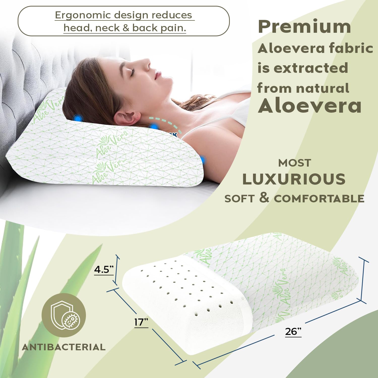 Memory Foam Pillow For Neck & Shoulder Pain Relief, White | Aloevera Memory Foam Pillow, Orthopedic Pillow For Pain Relief & Spinal Alignment Ergonomic Pillow, Washable Cover - Set Of 4