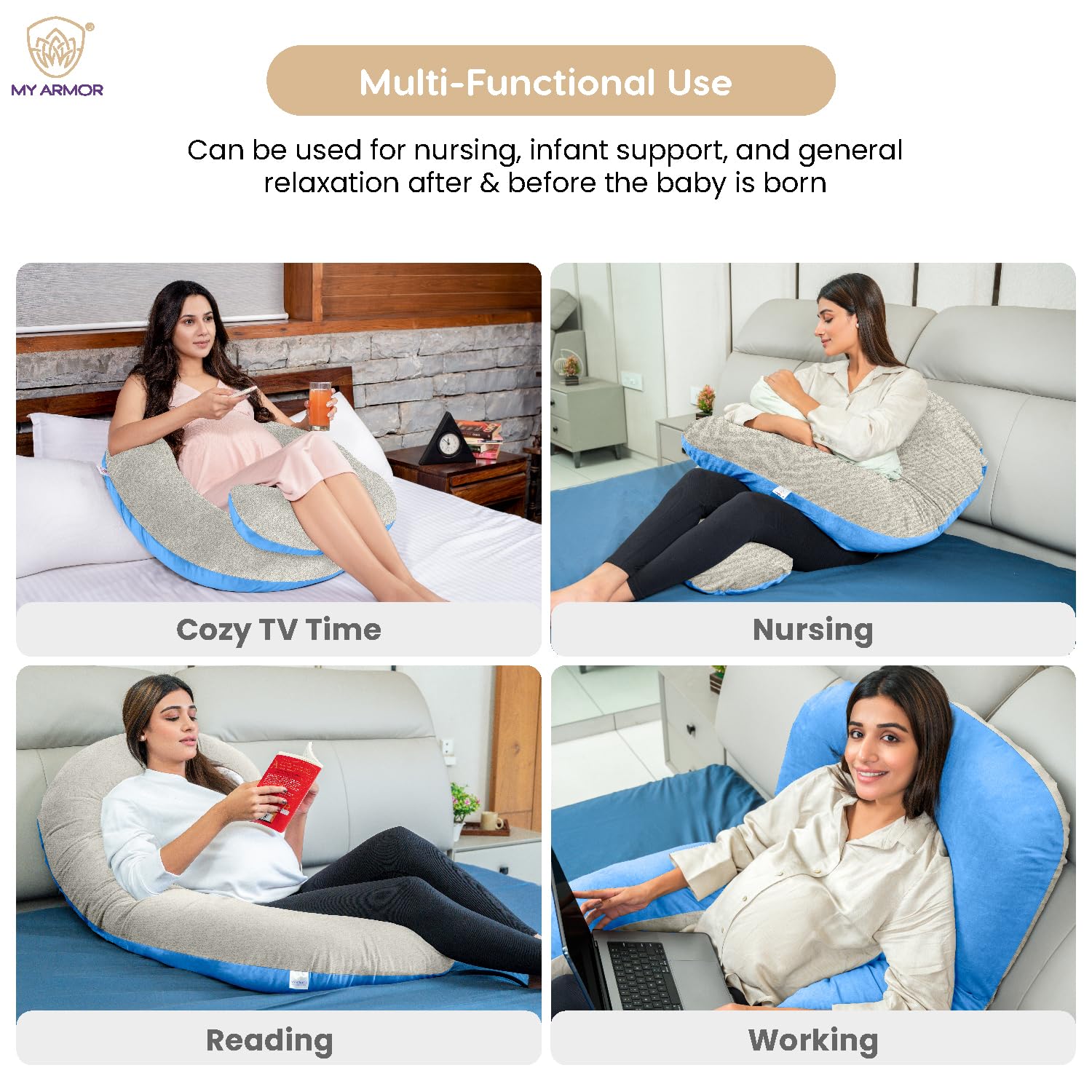 Full Body C Shape Pregnancy Pillow For Women, Maternity Pillow, Cream & Sky Blue | Pillow Gift For Pregnancy Sleeping, Premium Velvet Cover With Zip | Adjustable, Relieves Pain, Multipurpose